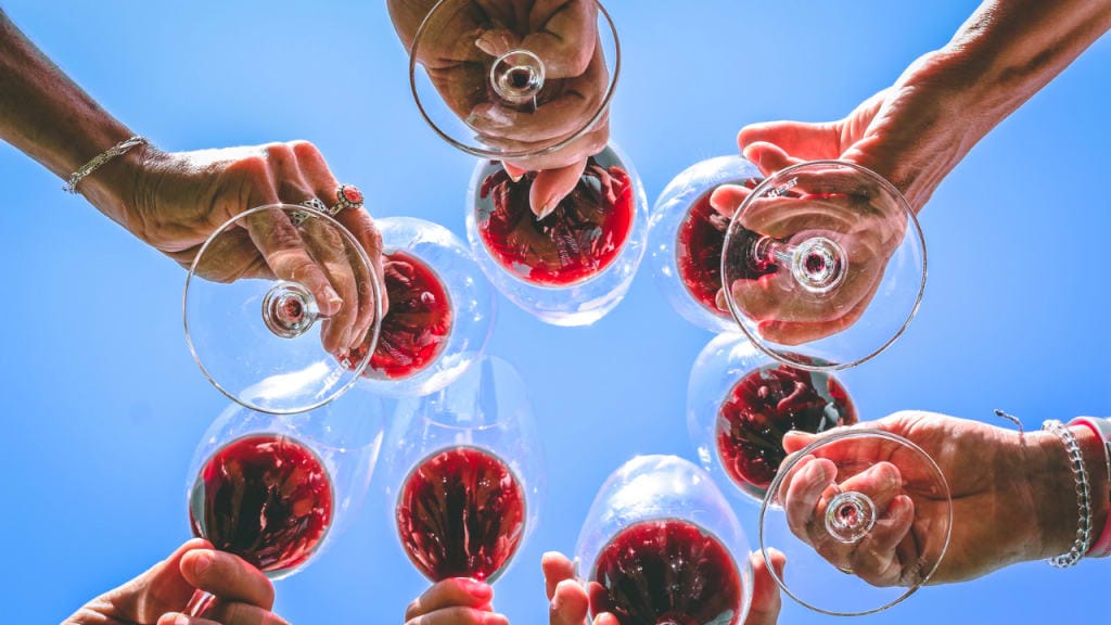 hands holding glasses of red wine