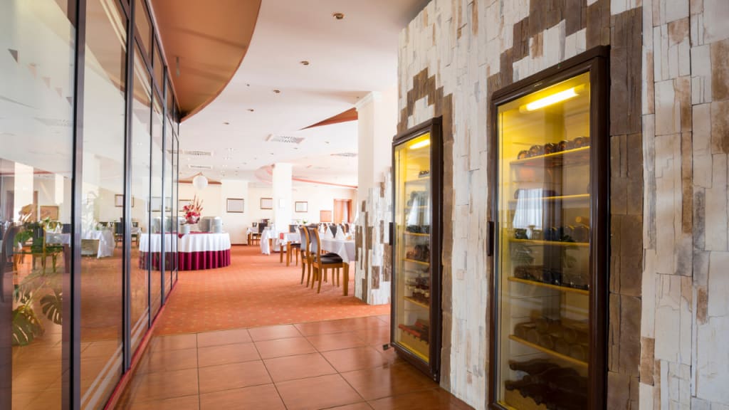 restaurant dining room with wine coolers