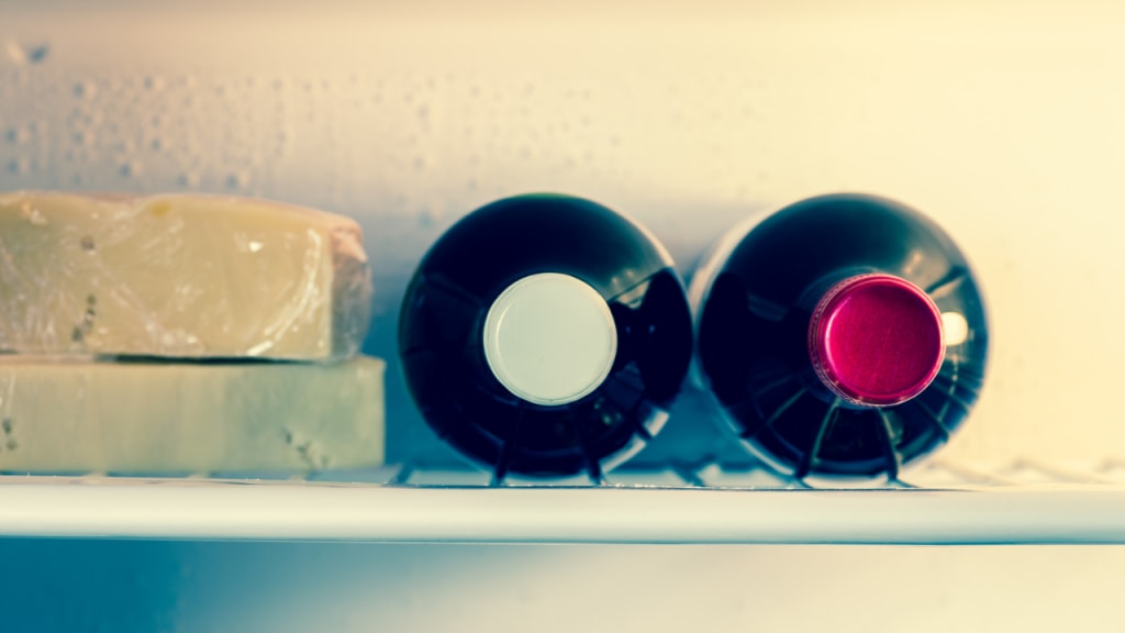food next to wine bottles in fridge