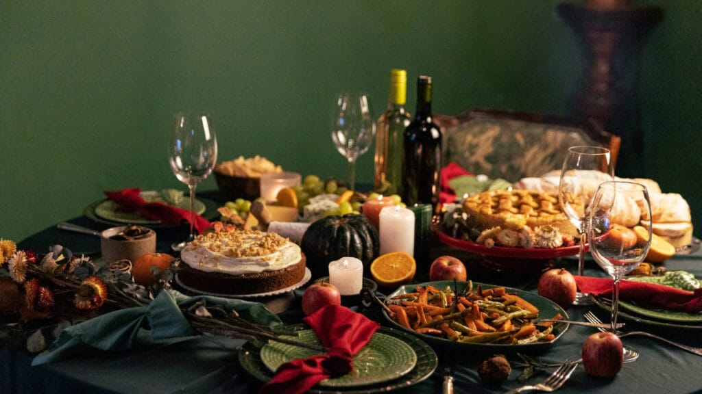 Chardonnay wine and food on a table